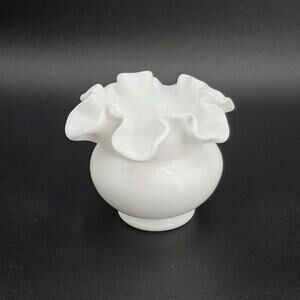 Vintage Fenton Ruffled Crimped Edge Small Rose Bowl Smooth White Milk Glass Vase